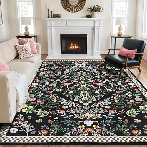 GUGJHFVH Schlafzimmer Waschbarer Teppich Wohnzimmer Groß Weiche Teppich Anti-Rutsch Unterseite Retro Ethno-Stil Kleine Blumen Schwarz, 200 x 300 cm von GUGJHFVH