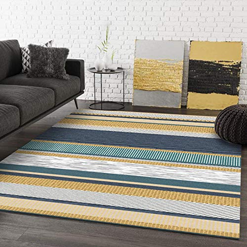 GUGJHFVH Teppich Flur rutschfest für Küche, Flur, Wohnzimmer Waschbar, Pflegeleicht，Gelbe, weiße und Blaue Karostreifen，100 x 160 cm von GUGJHFVH