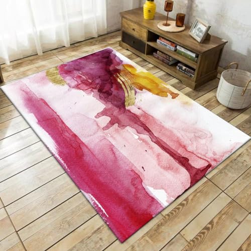 GUGJHFVH Teppich Flur rutschfest für Küche, Flur, Wohnzimmer Waschbar，Abstrakte rosa und gelbe Aquarellmalerei，110 x 180 cm von GUGJHFVH
