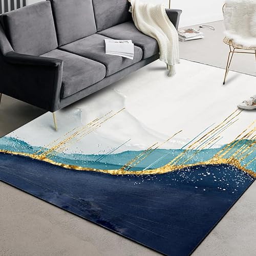 GUGJHFVH Teppich Kurzflor, Rutschfester Teppich für Schlafzimmer Küche Wohnzimmer Waschbarer Teppich，Blaugrüne abstrakte Goldlinien，90 x 120 cm von GUGJHFVH