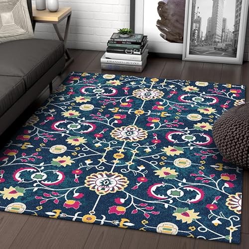 GUGJHFVH Teppich Kurzflor, Rutschfester Teppich für Schlafzimmer Küche Wohnzimmer Waschbarer Teppich，Traditionelles Retro-Blumen-Dunkelblau，90 x 120 cm von GUGJHFVH