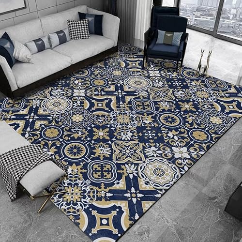 GUGJHFVH Teppich Schlafzimmer Wohnzimmer Kurzflor Teppiche，Waschbar Weich rutschfest，Geometrisches florales Patchwork-Blau，200 x 300 cm von GUGJHFVH