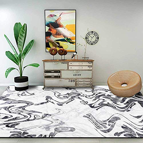 GUGJHFVH Teppich Schlafzimmer Wohnzimmer Kurzflor Teppiche，Waschbar Weich rutschfest,Stilvolle abstrakte schwarz-weiße geschwungene Linien,200 x 300 cm von GUGJHFVH