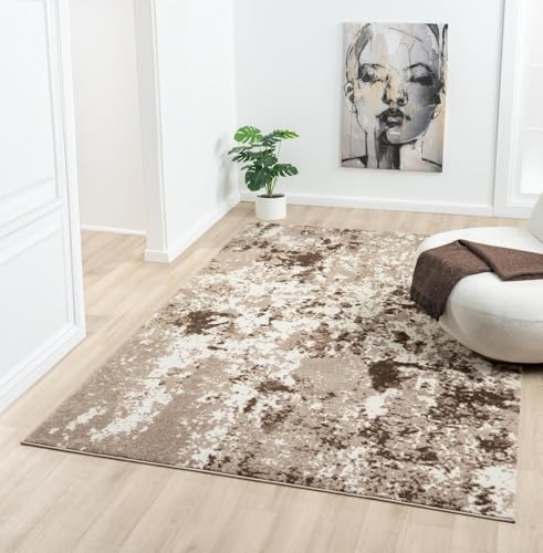 GUGJHFVH Teppich Wohnzimmer, Waschbar Teppiche für Schlafzimmer, Arbeitszimmer Büro Flur Kurzflor Moderne Abstrakte Tinte Stil Braun, 140 x 200 cm von GUGJHFVH