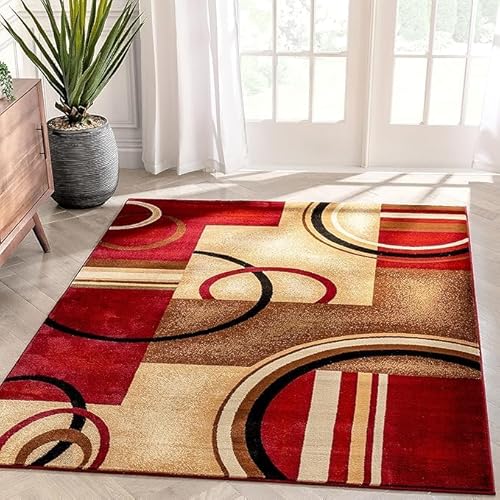 GUGJHFVH Teppich Wohnzimmer Kurzflor Für Esszimmer Flur, Schlafzimmer Carpet Pflegeleicht Waschbarer Moderne Geometrische Linien Rot, 150 x 210 cm von GUGJHFVH