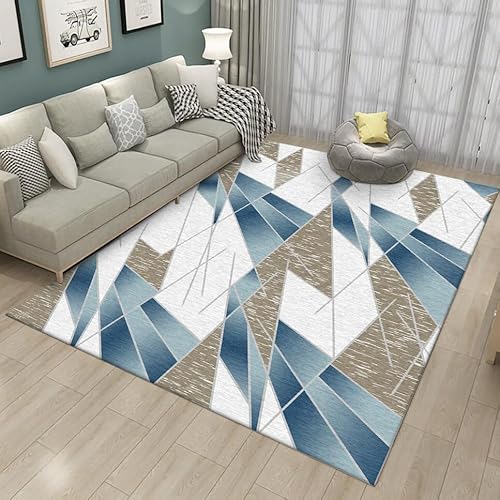 GUGJHFVH Teppich Wohnzimmer rutschfest Teppich Kurzflorteppich Waschbarer，Unregelmäßige Blaue und weiße Liniengeometrie，150 x 180 cm von GUGJHFVH