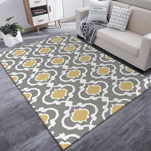 GUGJHFVH Teppich groß Wohnzimmer Indoor Teppich Schlafzimmer rutschfest Teppich Weich Carpet Pflegeleicht，Modische grau-gelb-weiße Geometrie，180 x 200 cm von GUGJHFVH