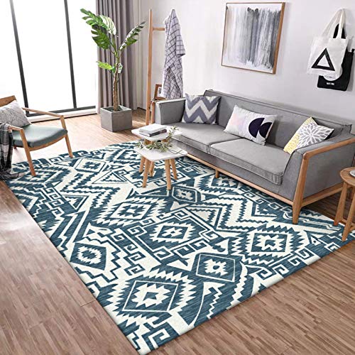 GUGJHFVH Teppich groß Wohnzimmer Indoor Teppich Schlafzimmer rutschfest Teppich Weich Carpet Pflegeleicht，abstraktes geometrisches Blauweiß，180 x 200 cm von GUGJHFVH