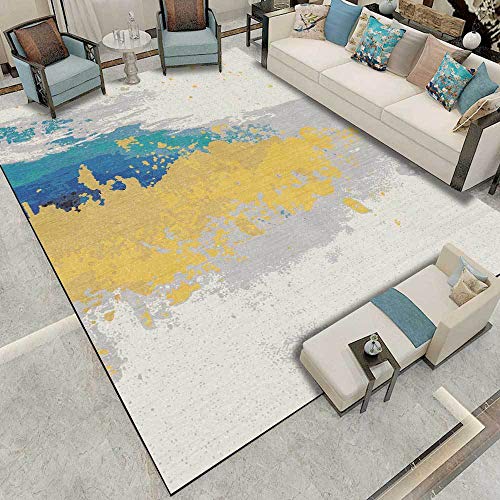 GUGJHFVH Teppich läufer Flur Wohnzimmer, Schlafzimmer rutschfest Waschbar,Einfaches abstraktes gelb-blaugraues Aquarell,90 x 120 cm von GUGJHFVH