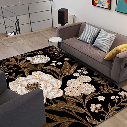 GUGJHFVH Teppich rutschfeste Wohnzimmer für Küche Esszimmer Schlafzimmer ，Retro-Licht-Luxus-Blumenmuster in Schwarzgold，120 x 160 cm von GUGJHFVH