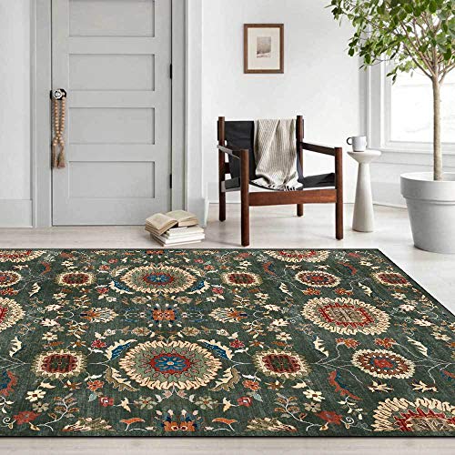 GUGJHFVH Wohnzimmer Kurzflor Teppich Schlafzimmer Waschbar rutschfest Bodenteppich Korridor Spielzimmer Weich Teppich Retro Runde Blume Floral Grün, 160 x 190 cm von GUGJHFVH