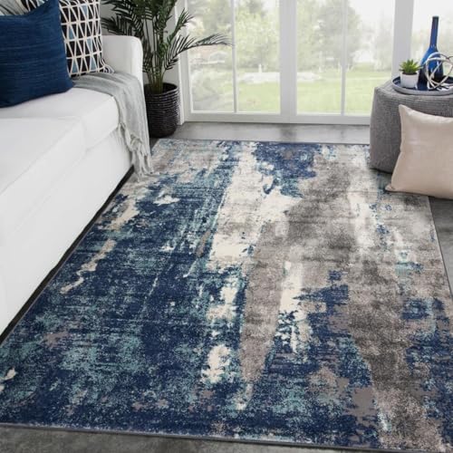 Waschbar rutschfest Kurzflor Teppich Für Schlafzimmer Für Wohnzimmer Esszimmer Und Flur Pflegeleicht Modernes Tintenblau, 120 x 180 cm von GUGJHFVH