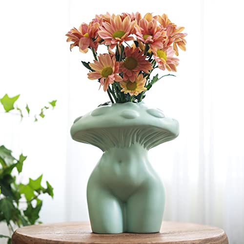 Pilz-Damen-Körpervase für Blumen,GUGUGO Funky Pilz Dekor, eklektische weibliche Form Butt Vasen für Blumen, niedliche Raumdekoration ästhetisch für modernes Zuhause, salbeigrün von GUGUGO