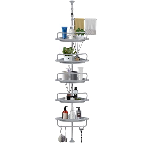 GUHAOOL 100-320 cm Höhenverstellbares Duschablage, Ohne Bohren Duschablage, Duschständer, Edelstahlstange, Teleskop Duschregal, Duschablage Ecke Mit 5 Duschwannen, 4 Haken, 1 Handtuchhalter,Grau von GUHAOOL