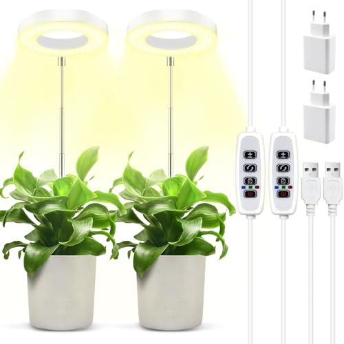 GUHAOOL Pflanzenlampe LED, 2 Stück Pflanzenlampe Led Vollspektrum,Höhenverstellbares 48 LEDs Pflanzenlicht mit Zeitschaltuhr 3/9/12 Std mit USB Adapter,3 Lichter Modi & 9 Helligkeit für Zimmerpflanzen von GUHAOOL