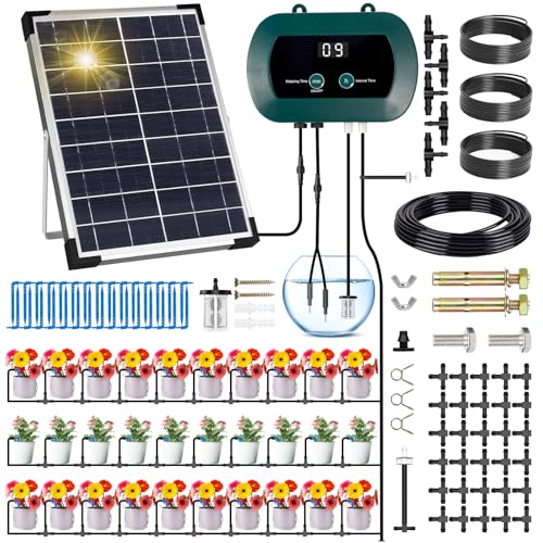 GUHAOOL Solar Bewässerungssystem, Automatische Bewässerungssystem Garten für 30 Topfpflanzen, Tröpfchenbewässerung System mit Timer und 35M Schlauch für Garten,Balkon Pflanzen,Kübelpflanzen im Freien von GUHAOOL