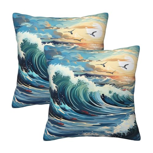 GUHAOT Weiche dekorative Kissenbezüge für Sofa, 2er-Set, Wellen, Segelboot, Möwe, Heimdekoration, 2 Stück GUHAOT Weiche dekorative Kissenbezüge für Sofa, 2er-Set, Wellen, Segelboot, Möwe, Heimdekoration, 2 Stück von GUHAOT