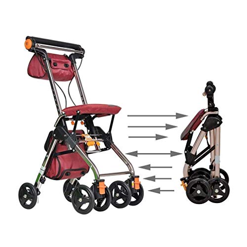 GUHPZA Faltbarer Rollator, Faltbare Vierrädrige Reisehilfe, Rollator Mit Sitz, Transportstuhl, Höhenverstellbar, 4 Räder, Mobilitätshilfen,Red von GUHPZA
