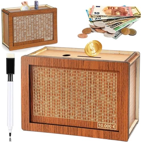 Spardose Aus Holz,Retro Sparbüchse Aufbewahrungsbox,Sparbox Mit Ziel,Sparschwein Mit Marker Sparbox Dabei Wiederverwendbare Spardose Mit Sparziel Und Zahlen Zum Ankreuzen. von GUIANLOU