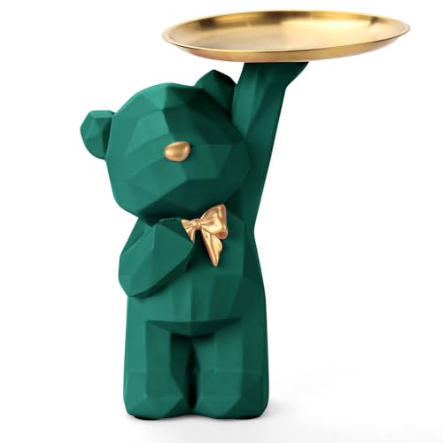 GUICHENO Bär Figur Dekorative mit Tablett Bären Figuren Statue Bären Skulpturen mit Dekotablett Bären Tablett Deko Harz Tier Skulptur Deko Bärenfigur Deko für Flurdeko, Wohnzimmer, Büro(Grün) von GUICHENO