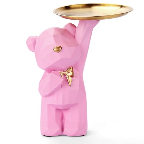 GUICHENO Bär Figur Dekorative mit Tablett Bären Figuren Statue Bären Skulpturen mit Dekotablett Bären Tablett Deko Harz Tier Skulptur Deko Bärenfigur Deko für Flurdeko, Wohnzimmer, Büro(Rosa) von GUICHENO