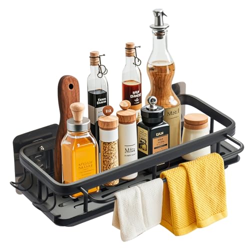GUICHENO Spülbecken Organizer mit Abflusspfanne, Küchen Spüle Organizer mit Spültuchhalter und Zwei Haken, Ohne Bohren Spülbecken Organizer, für Küchenzubehör Schwamm/Bürste/Spülseife(Schwarz) von GUICHENO