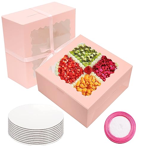 GUIFIER 10 PCS Tortenschachtel mit Sichtfenster, Cake Board und Band, Kuchenschachtel Pappe, Bäckerei Boxen mit Fenster Keksschachtel Gebäck Boxen Karton Tortenkartons 25x25cm für Torten Kuchen -Rosa von GUIFIER