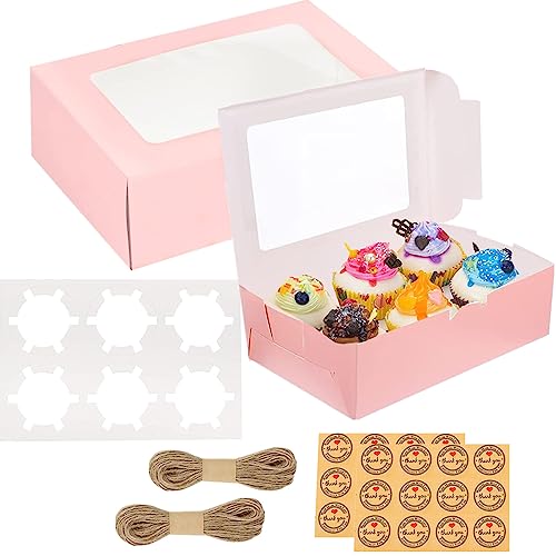 GUIFIER 20 PCS Cupcake-Boxen mit Sichtfenster und Einsatz, Rosa Cupcake Boxen Muffinboxen 6er, Kuchenboxen Backboxen Pappschachteln Klein Keksboxen, Gebäckboxen Karton mit Juteschnur und Aufklebern von GUIFIER