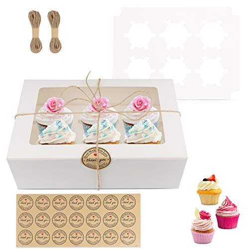 GUIFIER 20 PCS Cupcake-Boxen mit Sichtfenster und Einsatz, Weiße Cupcake Boxen Muffinboxen 6er, Kuchenboxen Backboxen Pappschachteln Klein Keksboxen, Gebäckboxen Karton mit Juteschnur und Aufklebern von GUIFIER