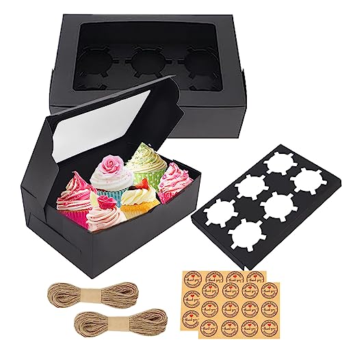 GUIFIER 20 Stück Cupcake Box 6er, Muffin Boxen Cupcake Transportbox, Schwarz Cupcake-Boxen mit Einsatz Keksboxen, Kraftpapier Geschenkbox mit Fenster, Bäckerei Boxen für Kuchen Muffins Macaron Donut von GUIFIER