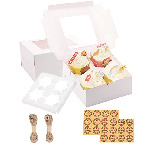 GUIFIER 24 Stück Cupcake-Boxen mit Fenster und Einsatz,Weiße Cupcake Boxen 4er Muffinboxen Kuchenbehälter,Kuchenboxen Cupcake geschenkbox,Cupcake Transportieren Keksboxen mit Juteschnur und Aufklebern von GUIFIER