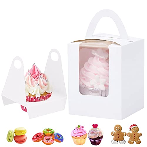 GUIFIER 30 Stück Cupcake Box 1er, Cupcake Boxen Einzeln, Bäckerei Boxen mit Fenster, Kuchenverpackungsboxen mit Griff Muffin Boxen Tortenschachtel Geschenkbox für Hochzeit, Geburtstag, Party (Weiß) von GUIFIER