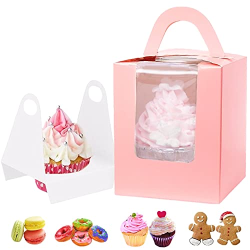 GUIFIER 30 Stück Cupcake Box Pappe mit Fenster und Einsatz, Cupcake Boxen Einzeln, Muffin Box Donut Boxen, Bäckerei Boxen Tortenschachtel mit Griff Cupcake Behälter für Kuchen, Kekse, Macaron (Rosa) von GUIFIER
