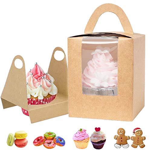 GUIFIER 30 Stück Cupcake Boxen Einzeln mit Fenster, Kraftpapier Cupcake Box 1er, Tortenschachtel mit Griff, Papierschachteln Geschenkboxen, Cupcake Behälter Bäckerei Boxen für Donut, Muffin (Braun) von GUIFIER