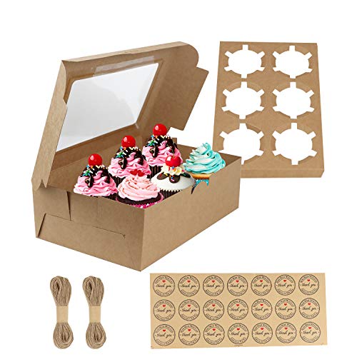 GUIFIER 20 Stück Cupcake Box 6er, Muffin Boxen Cupcake Transportbox, Braun Cupcake-Boxen mit Einsatz Keksboxen, Kraftpapier Geschenkbox mit Fenster, Bäckerei Boxen für Kuchen Muffins Macaron Donut von GUIFIER