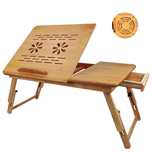 GUIFIER Tragbarer Bambus-Laptoptisch, Notebook-Ständer Höhenverstellbarer Bambus Tragbarer Faltbarer mit Schublade und Lüfter von GUIFIER