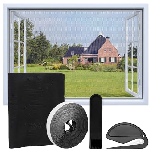 Fenstergitter Insektenschutz, Fliegengitter Fenster auf Fenstergrößen bis 180 * 150cm,Fliegengitter Fenster mit 1 Rollen Selbstklebend, Kein Bohren oder Schrauben (BLACK) von GUIGA