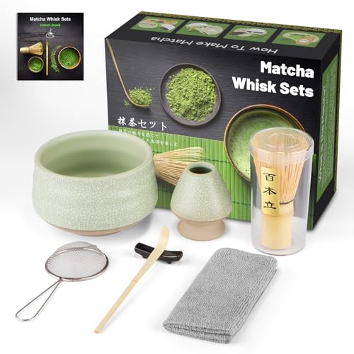 7PCS Matcha Kit Japanische Zeremonie,Matcha Tea Set,Bambuslöffel, Bambusschaufel, Peitschenhalter, Matcha-Set für die Teezeremonie (Schale – Offene Graugrün, Matcha Besen – Bambus) von GUIGA