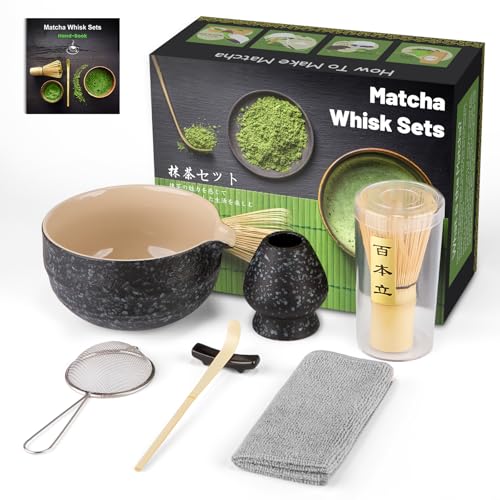 GUIGA 7PCS Matcha Kit Japanische Zeremonie,Matcha Tea Set,Bambuslöffel, Bambusschaufel, Peitschenhalter, Matcha-Set für die Teezeremonie (Schale – Schwarz Gesprenkelt, Matcha Besen – Bambus) von GUIGA