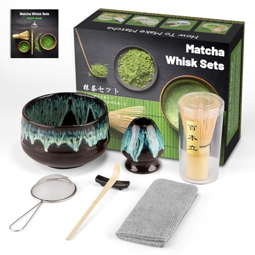 7PCS Matcha Kit Japanische Zeremonie,Matcha Tea Set,Bambuslöffel, Bambusschaufel, Peitschenhalter, Matcha-Set für die Teezeremonie (Schale – Sandgold, Matcha Besen – Bambus) von GUIGA