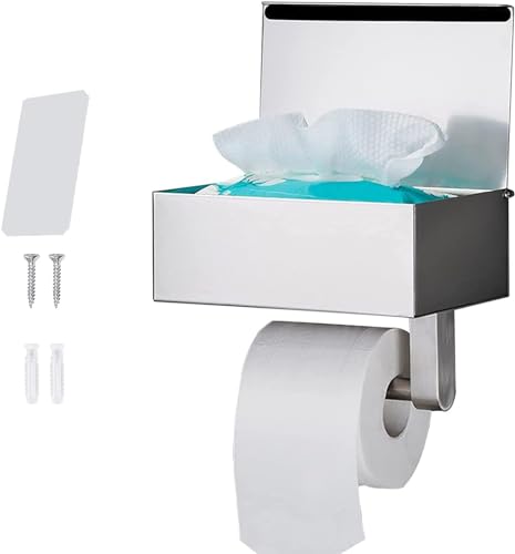 GUIGUZI Toilettenpapierhalter Ohne Bohren - SUS304 Edelstahl Silber Klopapierhalter mit Ablage - Toilettenpapierhalter Mit Feuchttücherbox - WC Papier Halterung für Küche und Badzimmer von GUIGUZI