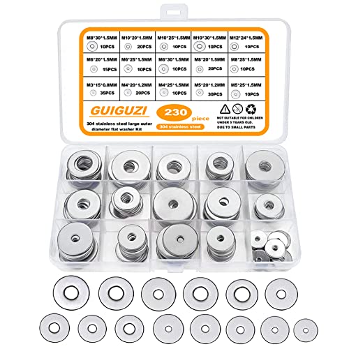 Unterlegscheiben Set, GUIGUZI 230 Stück Silber Edelstahl Flach Unterlegscheiben, Große Unterlegscheiben, Sicherungsscheiben Sortiment Set, 7 Größen M3 M4 M5 M6 M8 M10 M12 Beilagscheiben Sortiment von GUIGUZI