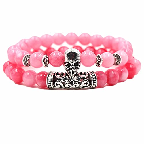 GUIREPTY Flexible Armbänder, handgefertigte Armbänder, Perlenarmbänder 8 mm, Perlenarmbänder rosa Steinumfang 19 cm(Skull) von GUIREPTY