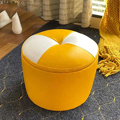 GUIXAN Ottomane Fußhocker Schuhwechselhocker Aufbewahrungshocker Ölwachs Leder Fußhocker Runder Hocker Fußhocker Wohnzimmer Ottomane Der Schlafzimmer Fußhocker, Gelb Weiß- 35x33cm von GUIXAN