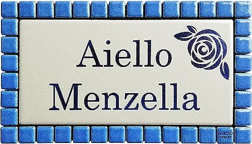 GUIZZO Creart - Personalisierte Keramikplakette Türschild Namen/Straße, Personalisierte Modifizierbare Plakette mit Mosaikrahmen, Personalisierte Eingangsplakette Made in Italy 17x9,5Hcm Hellblau/Rham von GUIZZO creart