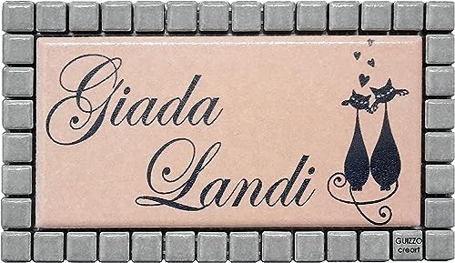 GUIZZO Creart - Personalisiertes Keramisches Türschild, Namen, Straßennamen, Personalisierte Veränderbare Plakette mit Mosaikrahmen, Personalisierte Haustürplakette, Made in Italy 17x9,5Hcm, Rosa/Grau von GUIZZO creart