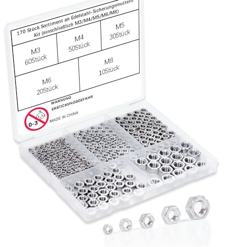 170-teiliges Sechskantmutter-Sortiment, M3 M4 M5 M6 M8 Hardware-Muttersets, 304 Edelstahl, A2-70" 170-teiliges Sechskantmutter-Sortiment, M3 M4 M5 M6 M8 Hardware-Muttersets, 304 Edelstahl, A2-70" von GUJIAWAN