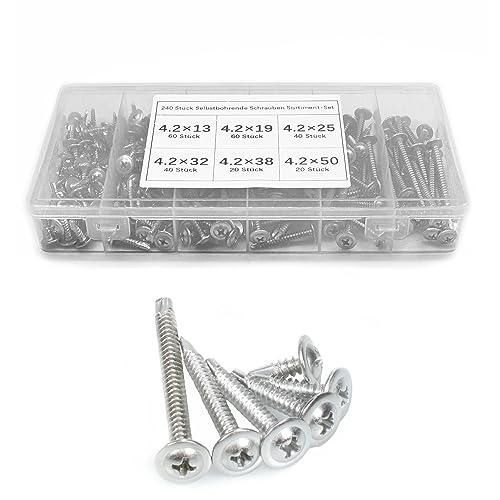 Selbstschneidende Schrauben für Metall, 240 Stück (410) Edelstahl-Modifizierte Truss-Kopf-Blechschrauben-Selbstbohrschrauben-Sortimentskit von GUJIAWAN