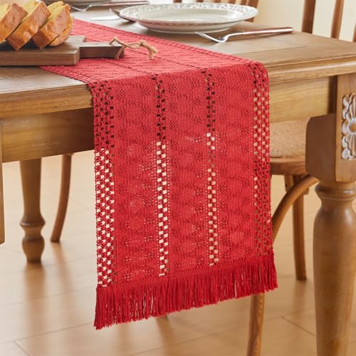 GUJOXILA Boho Tischläufer Rot 30 x 122cm Landhausstil Abwaschbar Tischläufer Tischdeko Table Runner für Küche Vintage Bauernhaus Esstisch Urlaub Party Hochzeit Deko von GUJOXILA