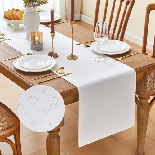 GUJOXILA Modern Tischläufer Weiss 40 x 180 cm Tischläufer Wasserabweisend Abwaschbar Leinenoptik Küche Esstisch Tisch Dekoration für Hochzeiten Drinnen Urlaub Party Dekor von GUJOXILA